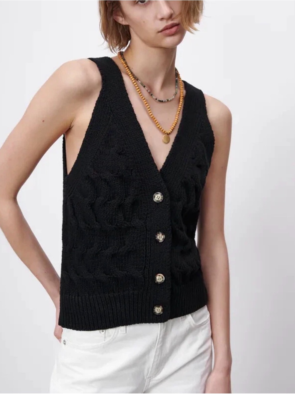 Zara Black Cable-Knit Button Front Sweater Vest